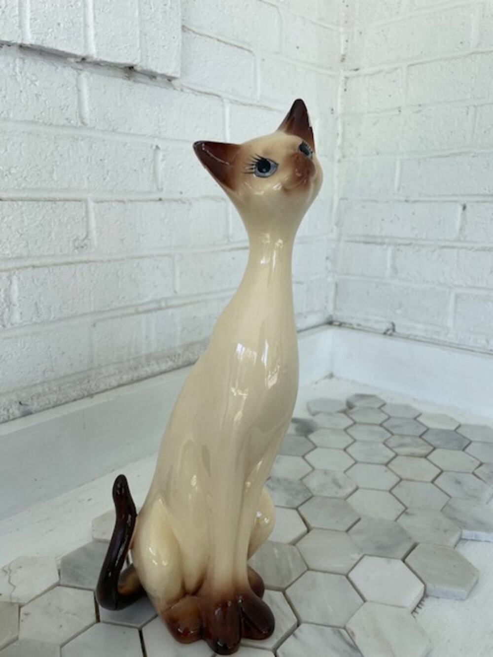 Vintage OMC Japan Siamese Cat Figurine 14" Long Neck MCM Atomic Ceramic